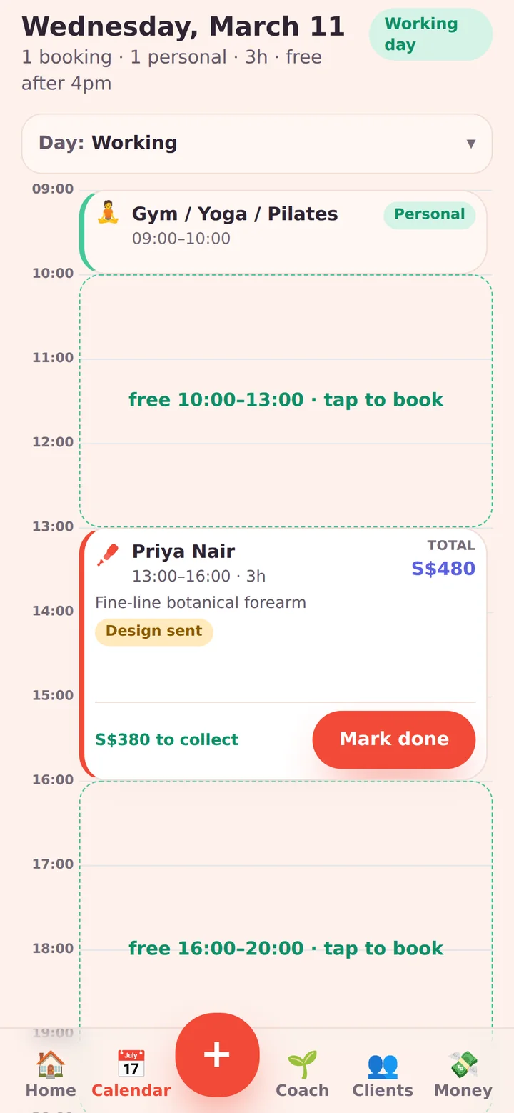 Inkwell day view: a personal gym block, two free slots marked free 10:00–13:00 and free 16:00–20:00, and a booking showing S$380 still to collect.