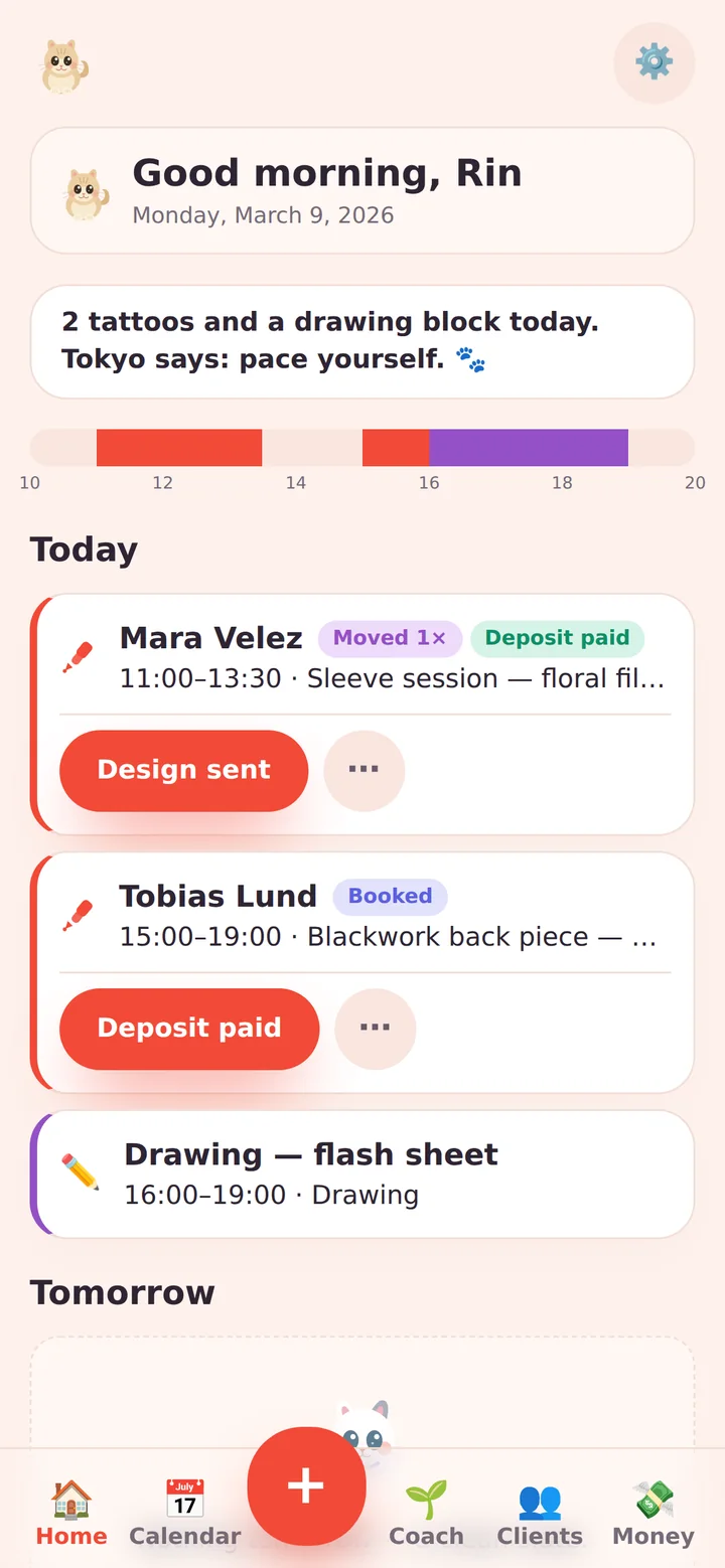 Inkwell home screen: today's two tattoos and a drawing block, each booking showing its stage and the next action.