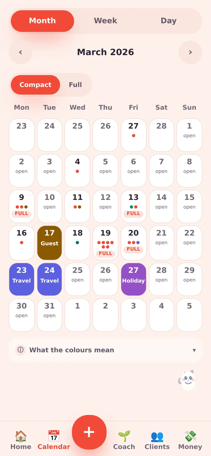 Inkwell month calendar on a phone: days marked open or FULL, a guest spot on the 17th, travel on the 23rd and 24th, a holiday on the 27th.