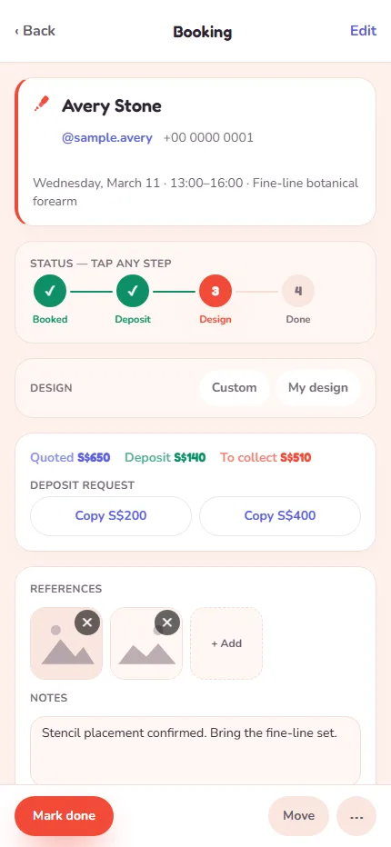 Inkwell booking detail with status, references, deposit, price and notes.