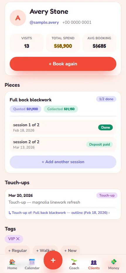 Inkwell client detail showing visits, projects, sessions, touch-ups and tags.