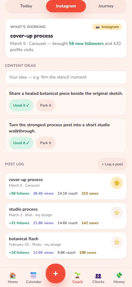 Authentic Inkwell Coaching screen with planning suggestions and studio insights.