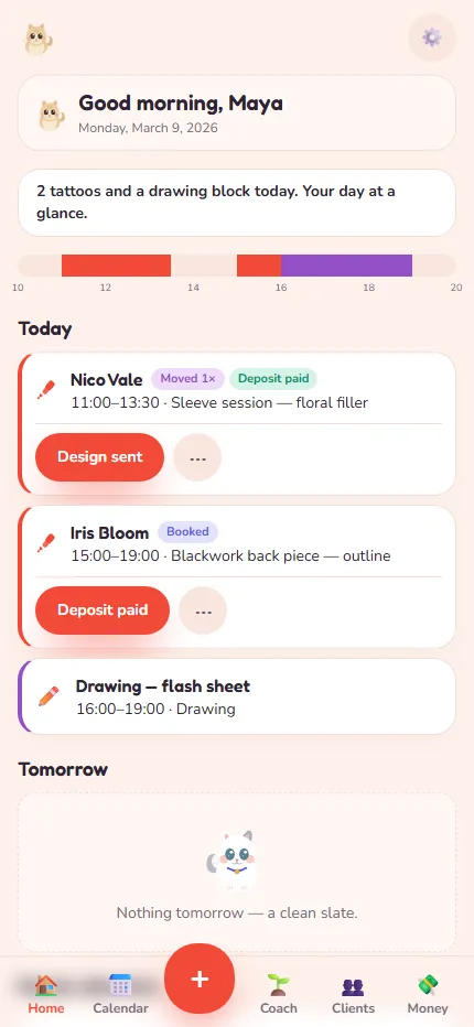 Inkwell Home showing today's tattoo schedule, booking stages and drawing time.